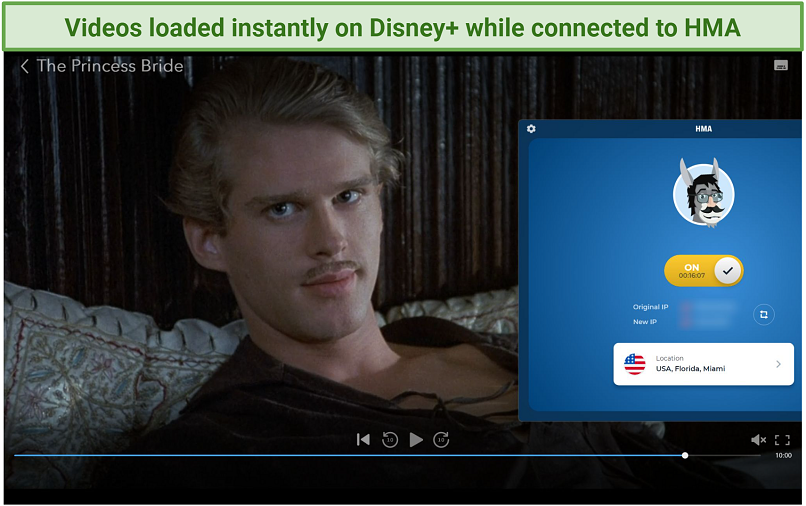 Screenshot of Disney+ player streaming The Princess Bride while connected to HMA's Miami server