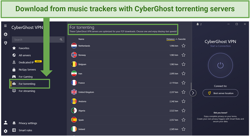 Screenshot of CyberGhost servers for torrenting