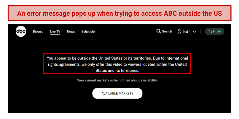 Screenshot of the ABC error message