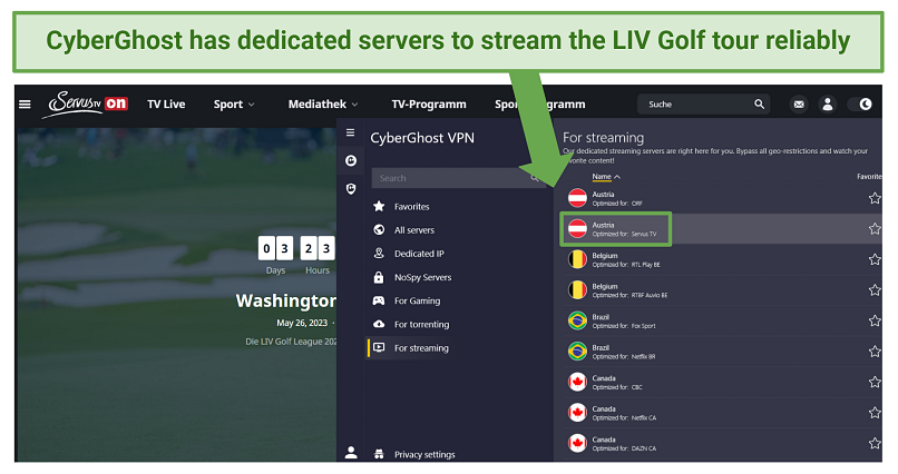 Picture of CyberGhost streaming servers used to watch LIV Golf on Servus TV