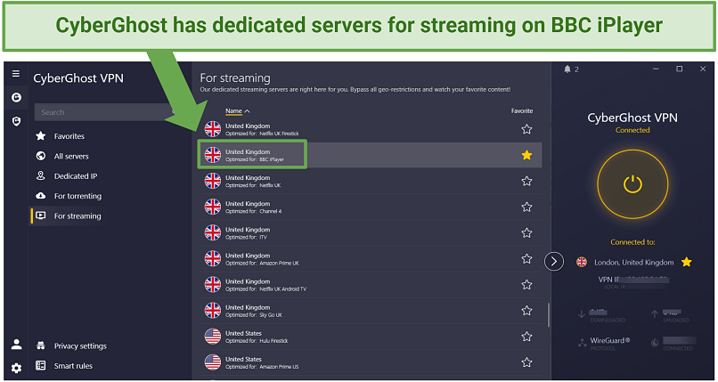 Screenshot of CyberGhost streaming server for BBC iPlayer