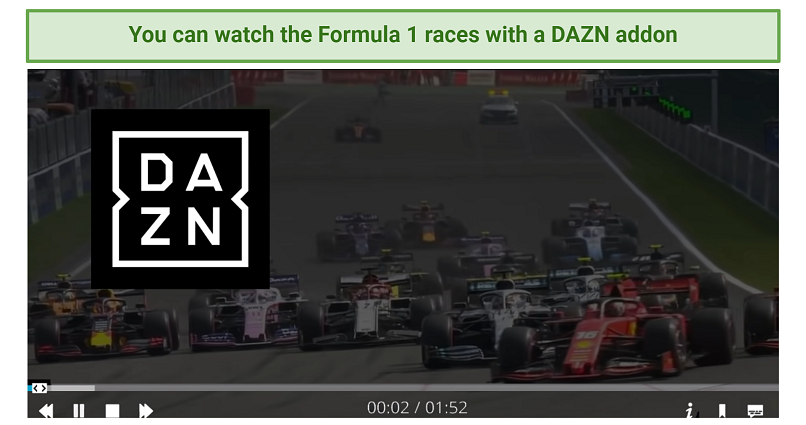 Screenshot of DAZN Kodi addon streaming a racing event