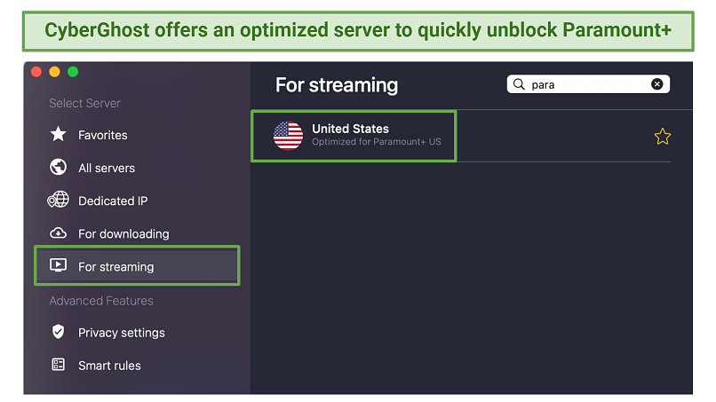 Screenshot of CyberGhost's streaming-optimized Paramount+ server