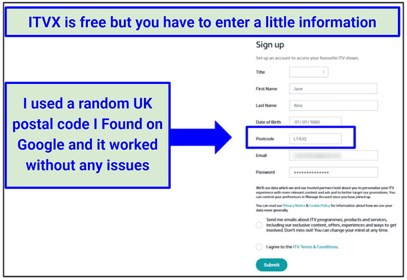 Screenshot of ITV Sign Up form