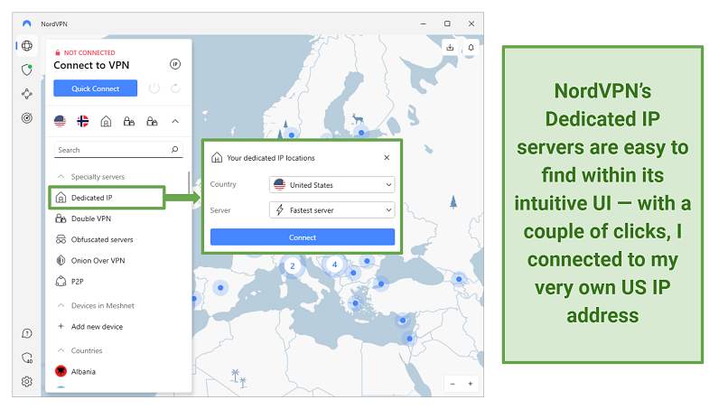 Screenshot of NordVPN's dedicated IP servers