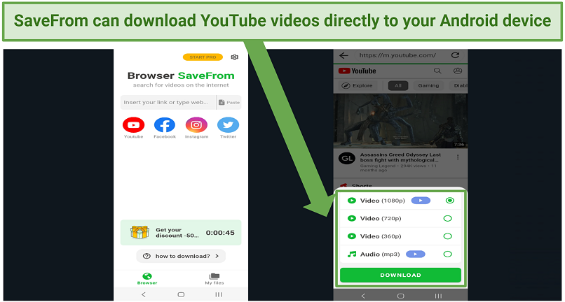 Screenshots of SaveFrom Android YouTube downloader