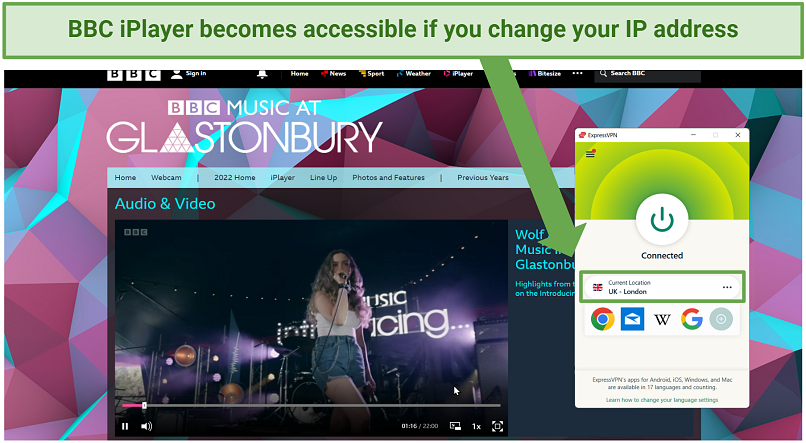 Screenshot of BBC iPlayer streaming Glastonbury 2022 via ExpressVPN