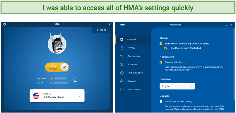 Screenshot of HMA Windows app highlighting the settings menus