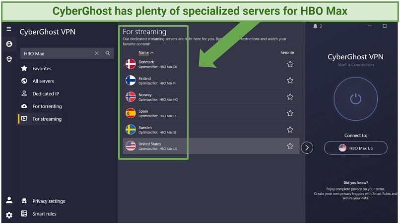 Screenshot of CyberGhost streaming optimized server list