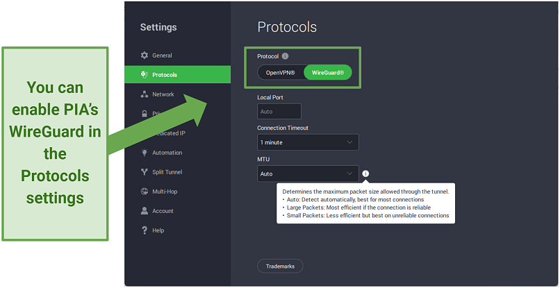 Screenshot of PIA's Protocol settings