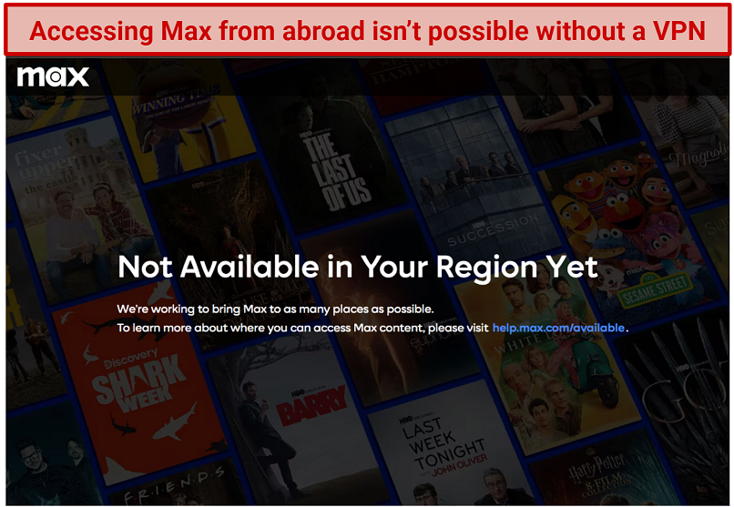 A screenshot of Max's geoblocked error message saying that the service is 