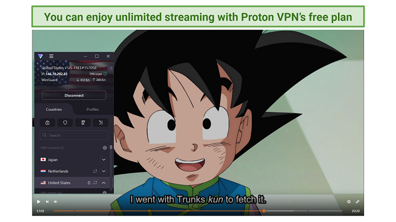 Screenshot of Proton VPN's free plan successfully unblocking Crunchyroll in Japan