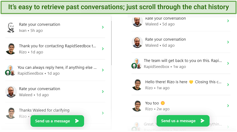 A screenshot showing RapidSeedbox retains chat history