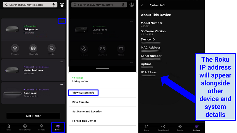 Graphic showing screenshots of the steps to find the Roku IP address using the Roku app