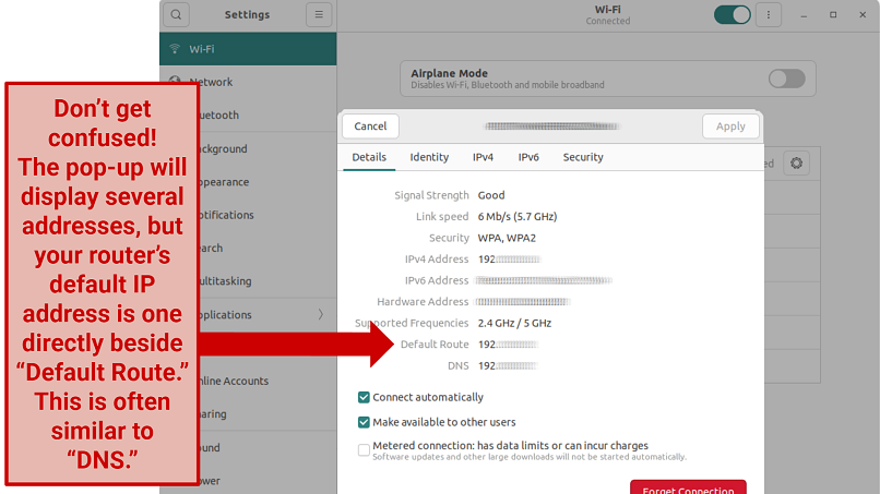 Graphic showing a screenshot of an Ubuntu settings screen with the window for network connection settings, including a warning to not get the addresses confused