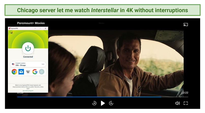 Screenshot of ExpressVPN unblocking Paramount+