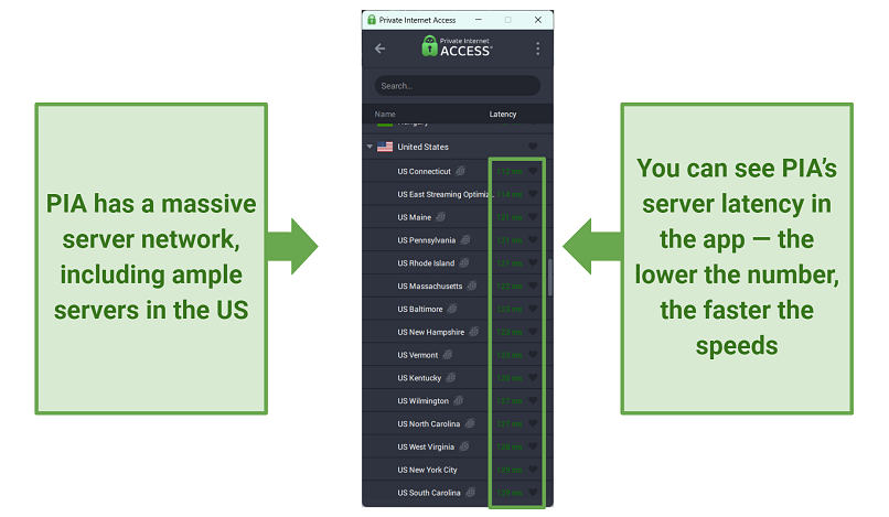 Screenshot of PIA's server list showing latency of the US servers