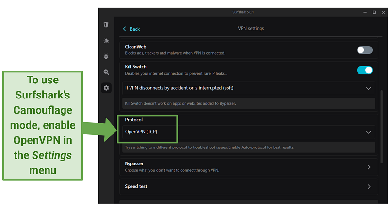 Screenshot of Surfshark's VPN settings