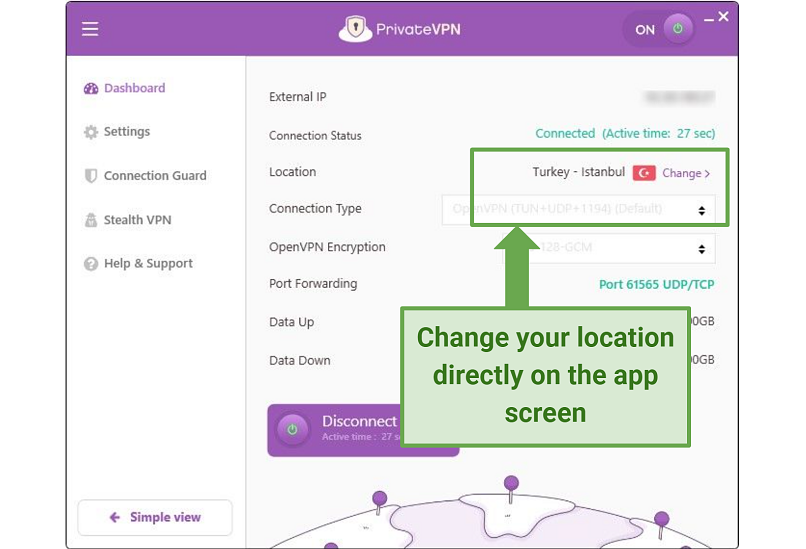 A screenshot of PrivateVPN app home screen