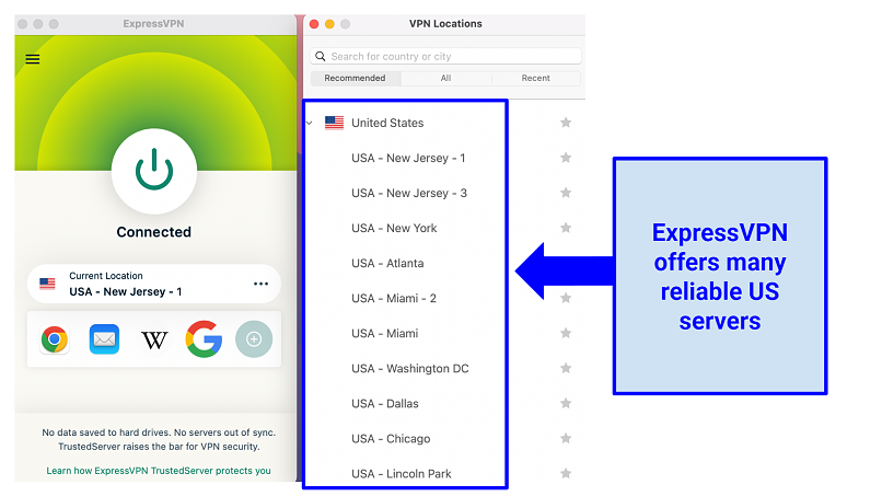 A screenshot of the ExpressVPN US servers