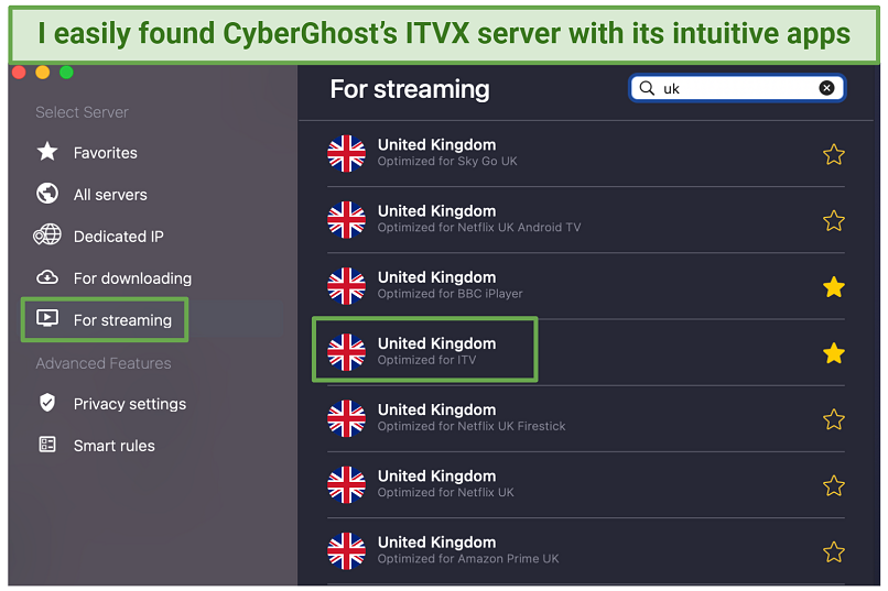 Screenshot of CyberGhost's streaming server menu showing options for services in the UK after typing 