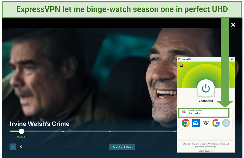 Screenshot of streaming Irvine Welsh's Crime on ITVX with ExpressVPN connected to a server in London