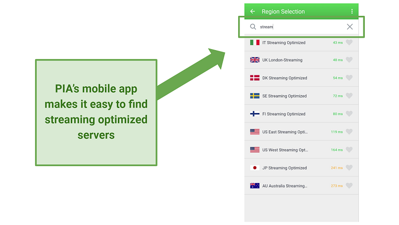 Screenshot of PIA mobile app