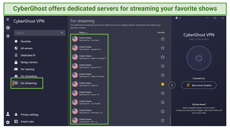 Screenshot of CyberGhost's streaming servers