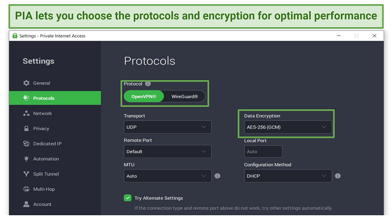 Screenshot of PIA's settings panel