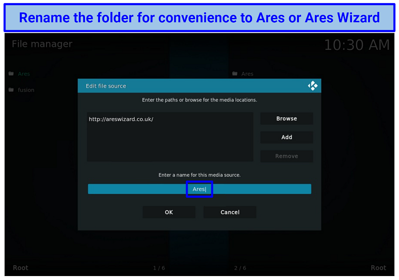 Screenshot of Kodi's File Manager showing the Ares Wizard file source