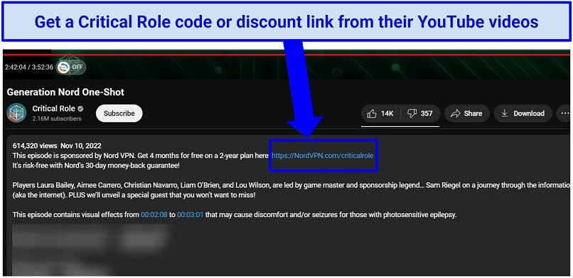 Screenshot of Critical Role NordVPN video with a discount code