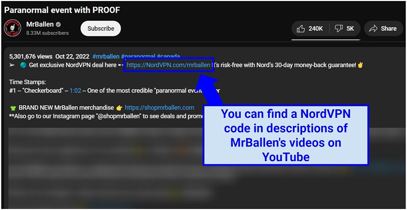 Piture of NordVPN MrBallen code in a YouTube video