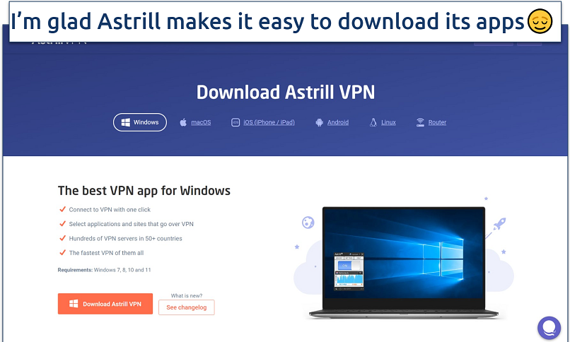 Screenshot of the Astrill VPN download page for the Windows apps 