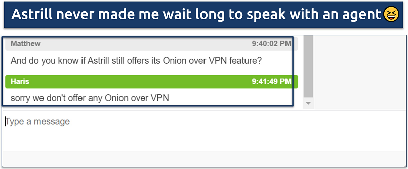 Screenshot of a conversation with Astrill VPN's live chat where I was told there is no Onion over VPN feature 