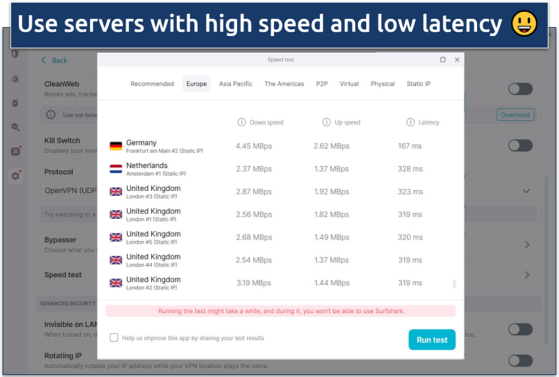 A screenshot of the speed test results for Surfshark's UK server locations.