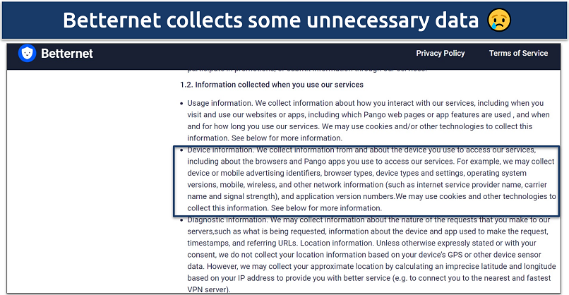 Screenshot of Betternet's privacy policy showing the data it collects
