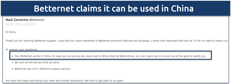 Screenshot of email response where Betternet agent claims it can be used in China