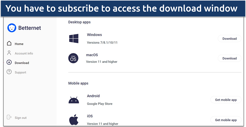 Screenshot of the Betternet's download page