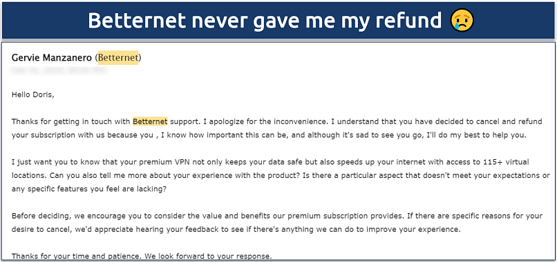 Screenshot of Betternet email response after requesting a refund