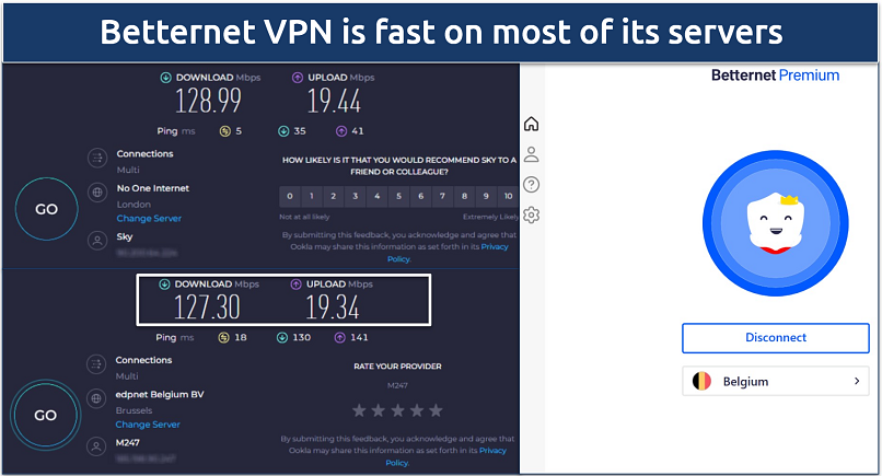 Screenshot of a speed chart showing rates on a variety of Betternet VPN's international servers