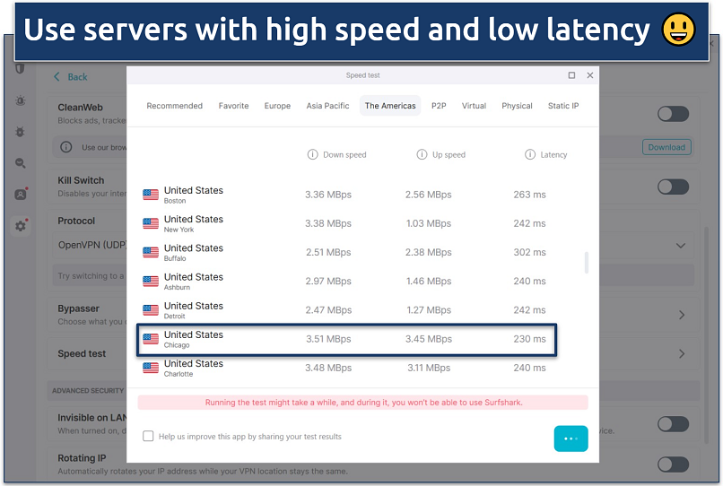 A screenshot of Surfshark's in-app speed test results for the US region.