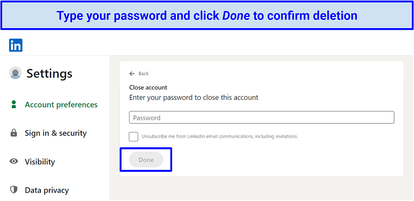 Picture of LinkedIn account deletion confirmation