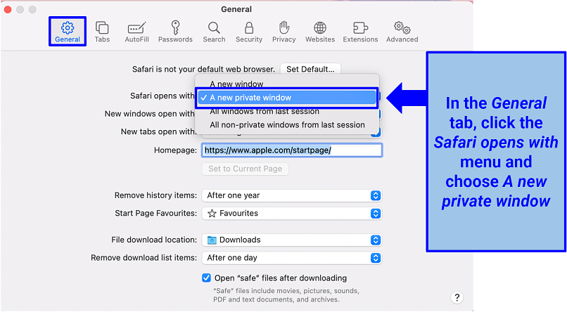 A screenshot of the Safari General menu