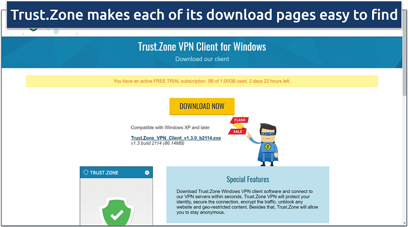 Screenshot of the Trust.Zone's download page for the Windows .exe file 