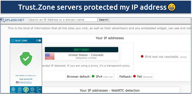 Screenshot of tests done on ipleak.net while connected to a US Trust Zone server