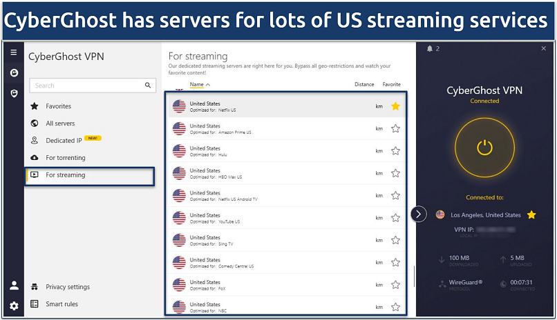 Screenshot of the CyberGhost Windows app showing its streaming optimized servers in the US