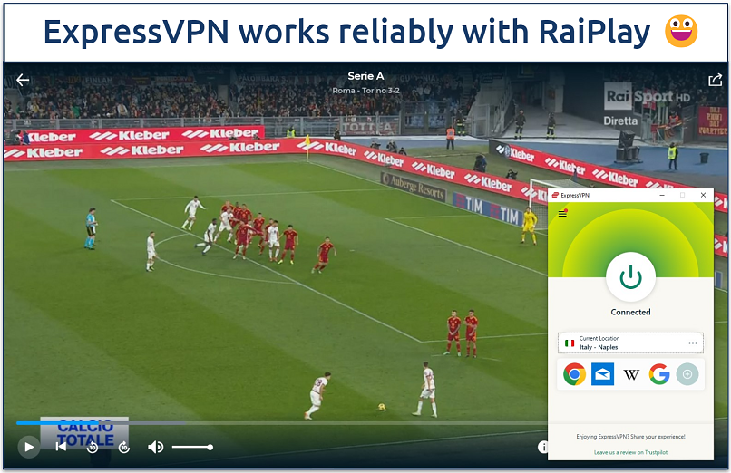 Screenshot showing Serie A match highlights playing on RaiPlay with ExpressVPN connected to Naples server