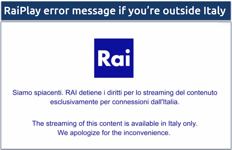 Screenshot showing RaiPlay error message when you try to access the service outside Italy