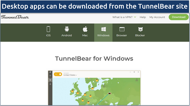 A screenshot showing TunnelBear's download page along with the compatible devices