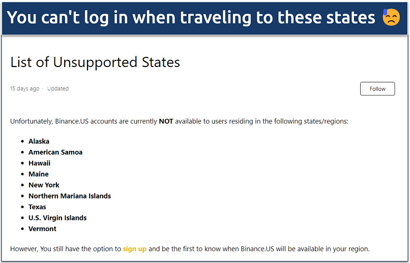 A screenshot of unsupported US states for Binance.US
